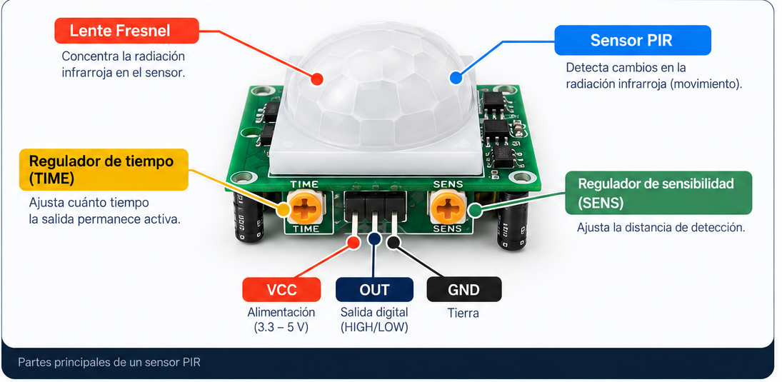 Partes principales de un sensor PIR